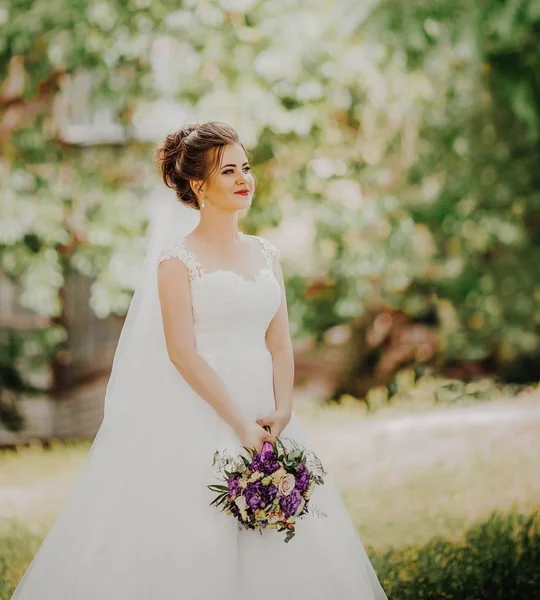 Bella Giovane Sposa Abito Sposa Bianco Posa — Foto Stock