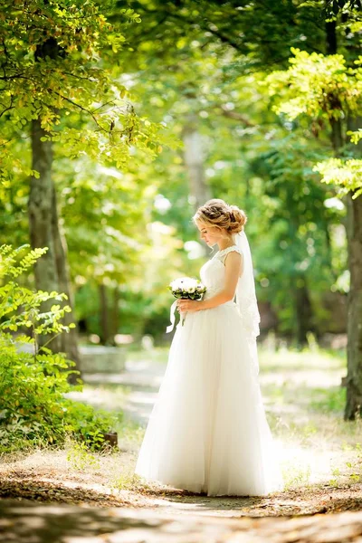 Όμορφη Νεαρή Νύφη Άσπρο Γαμήλιο Φόρεμα Ποζάρουν — Φωτογραφία Αρχείου