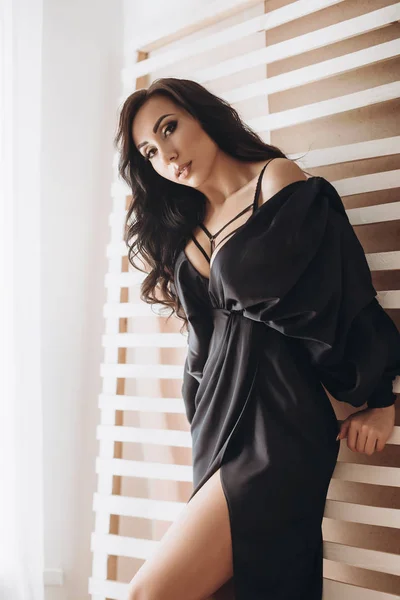 Beautiful Young Woman Posing Black Dress Studio — Stock Photo, Image