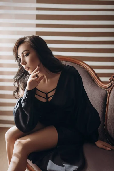 Beautiful Young Woman Posing Black Dress Studio — Stock Photo, Image