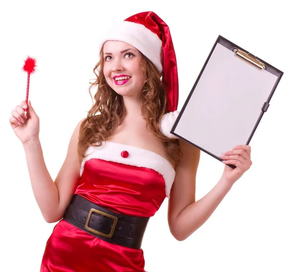 Frau Mit Weihnachtsmütze Und Rotem Kleid Mit Klemmbrett — Stockfoto