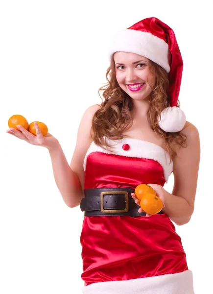 Mulher Usar Chapéu Santa Vestido Vermelho Com Tangerinas — Fotografia de Stock