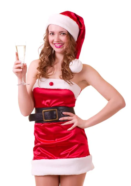 Frau Weihnachtsmütze Und Rotem Kleid Mit Einem Glas Champagner — Stockfoto