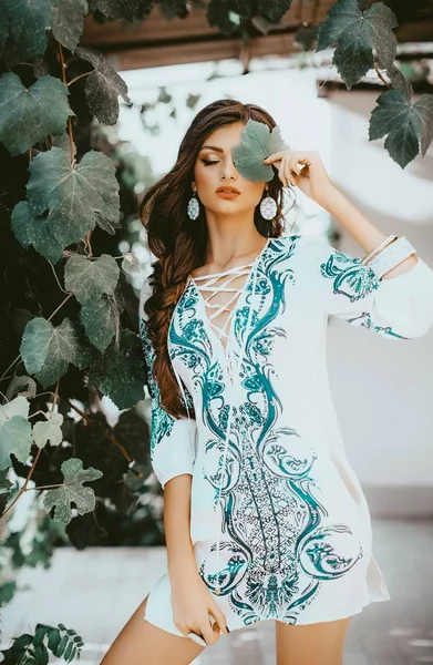 Hermosa Mujer Posando Hermoso Vestido Aire Libre — Foto de Stock