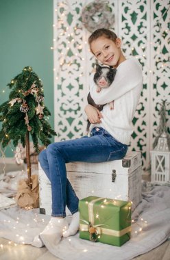 Mini domuz ile Noel ağacı yakınındaki güzel küçük kız  