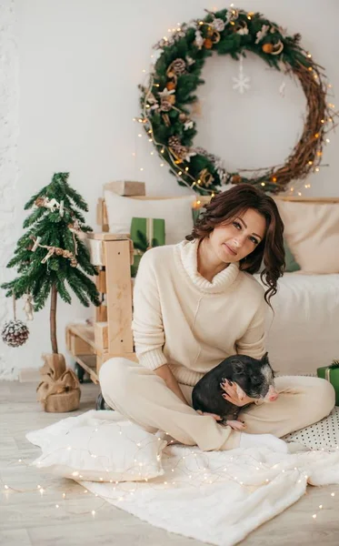 Schöne Frau Hause Mit Mini Schwein — Stockfoto