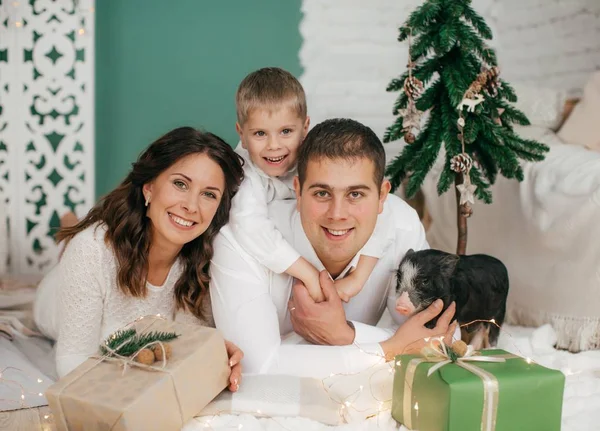 Family at home with decorated Christmas interior