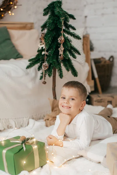 Portret Happy Little Boy Met Versierde Kerst Interieur — Stockfoto