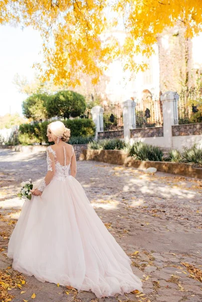 Krásná Mladá Nevěsta Bílých Svatebních Šatech Pózuje Parku — Stock fotografie