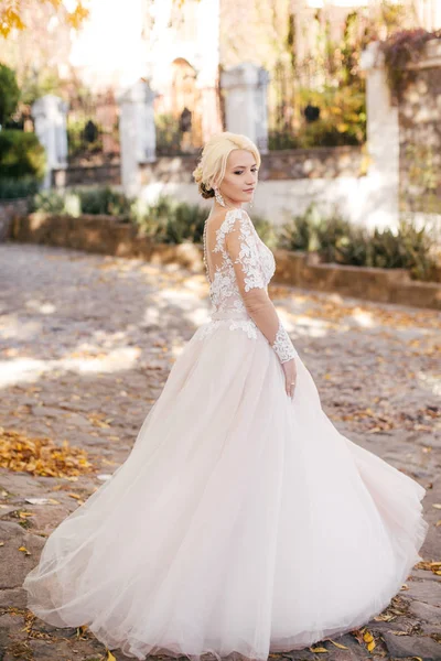 公園でポーズをとって白いウェディング ドレスで美しい若い花嫁 — ストック写真