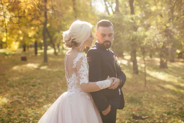 Bruden Och Brudgummen Deras Bröllopsdag Park — Stockfoto