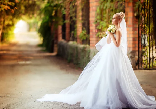 Bella Giovane Sposa Abito Sposa Bianco Posa All Aperto — Foto Stock