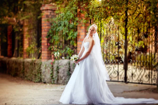 Mooie Jonge Bruid Witte Trouwjurk Poseren Outdoor — Stockfoto