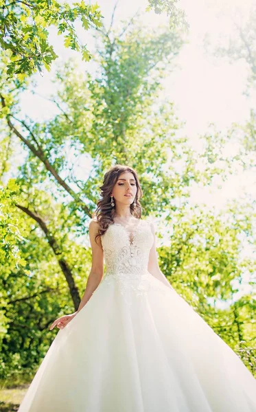 Bella Giovane Sposa Abito Sposa Bianco Posa Nel Parco — Foto Stock