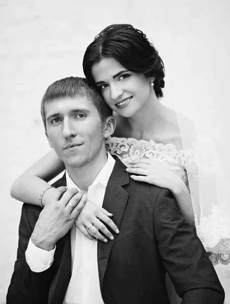 Beautiful Young Bride Groom Posing Room — Stock Photo, Image