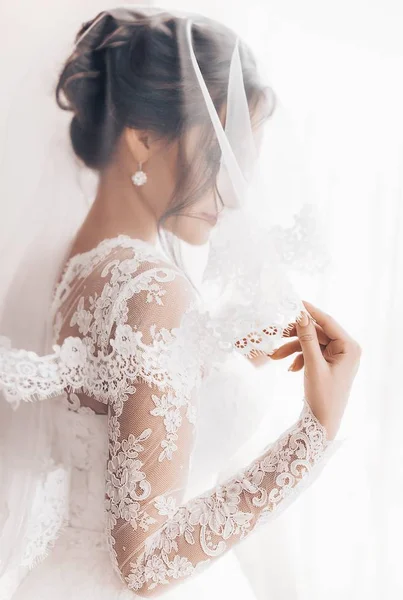 Красивая Молодая Невеста Белом Свадебном Платье Позирует — стоковое фото