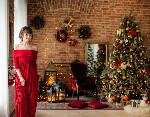 Beautiful Woman Red Dress Christmas Tree Posing Home — Stock Photo, Image