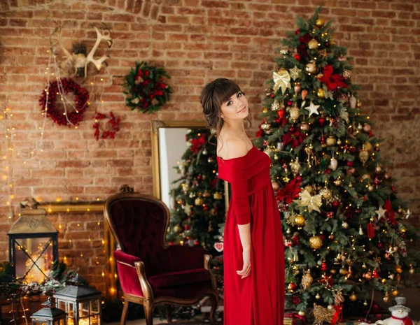 Beautiful Woman Red Dress Christmas Tree Posing Home — Stock Photo, Image