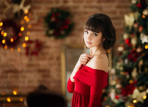 Beautiful Woman Red Dress Christmas Tree Posing Home — Stock Photo, Image