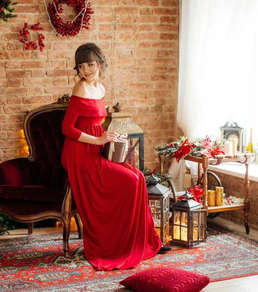 Beautiful Woman Red Dress Christmas Tree Posing Home — Stock Photo, Image