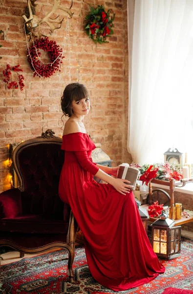 Beautiful Woman Red Dress Christmas Tree Posing Home — Stock Photo, Image