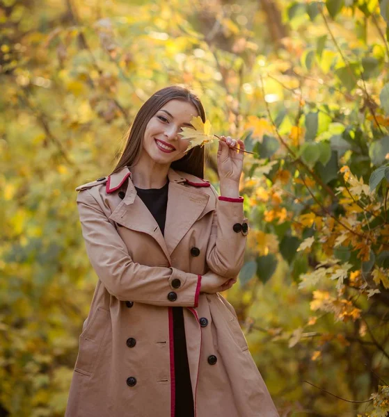 Schöne Junge Frau Posiert Herbst Park — Stockfoto