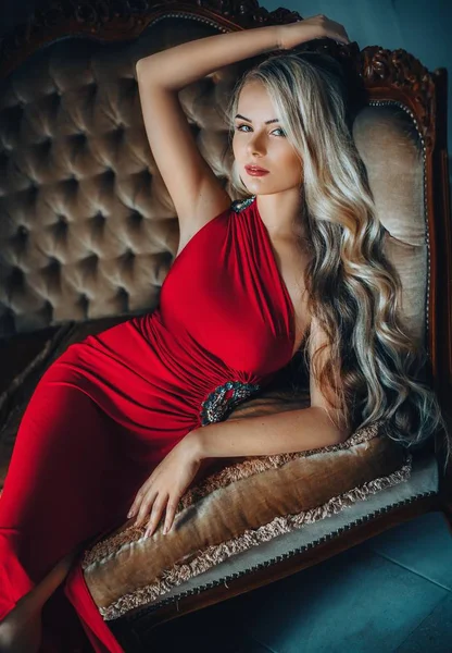 Beautiful Young Blond Woman Posing Red Dress — Stock Photo, Image