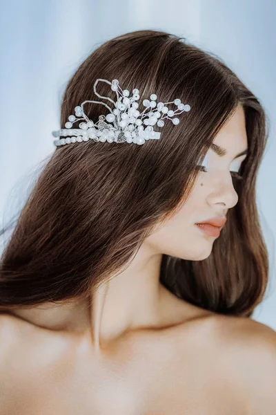 Hermosa Joven Posando Con Accesorios Para Cabello Estudio —  Fotos de Stock