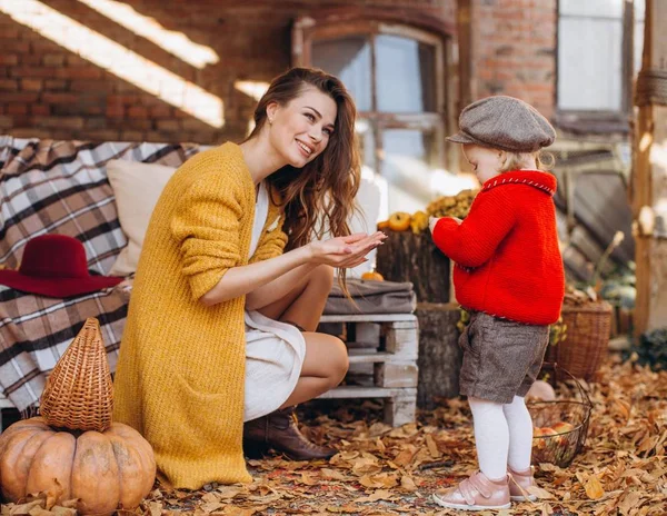 Schönes Kleines Mädchen Herbstlichen Garten Mit Mutter — Stockfoto