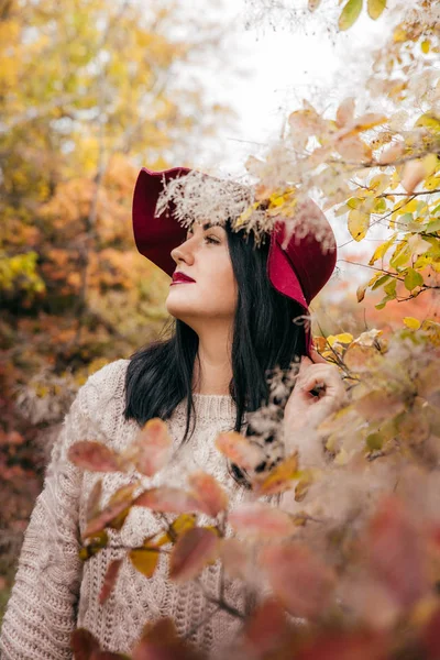 Retrato Bela Jovem Posando Parque Outono — Fotografia de Stock
