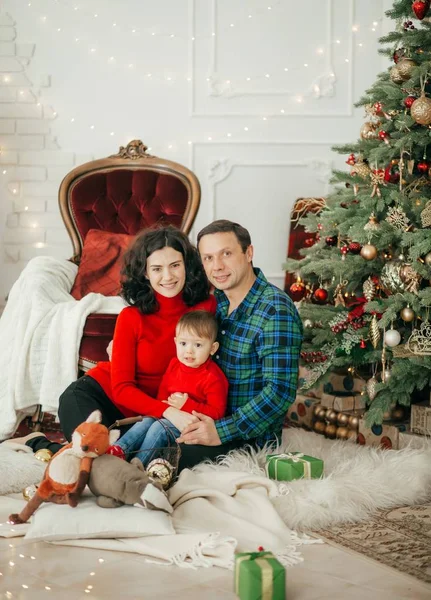 Familia Feliz Posando Navidad Interior —  Fotos de Stock