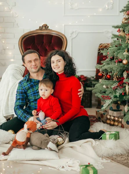 Glückliche Familie Posiert Weihnachtlichen Interieur — Stockfoto