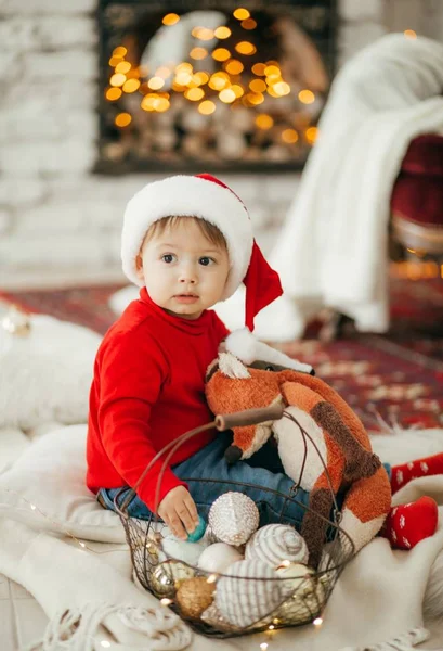 Portrait Happy Little Boy Decorated Christmas Interior — Stock Photo, Image