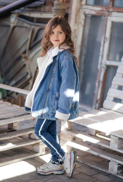 Cute Little Girl Jeans Jacket Happy Childhood Concept — Stock Photo, Image