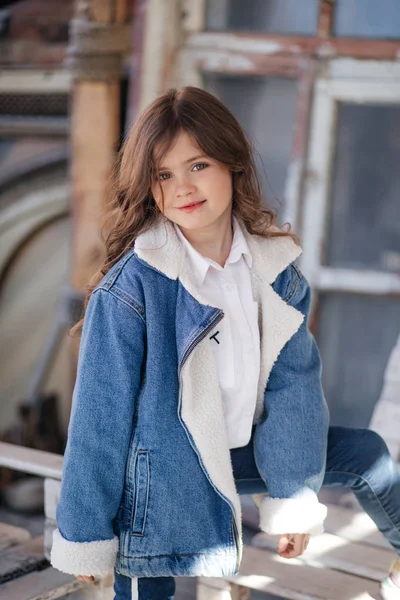 Cute Little Girl Jeans Jacket Happy Childhood Concept — Stock Photo, Image