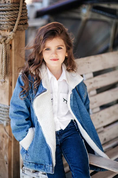 Cute Little Girl Jeans Jacket Happy Childhood Concept — Stock Photo, Image