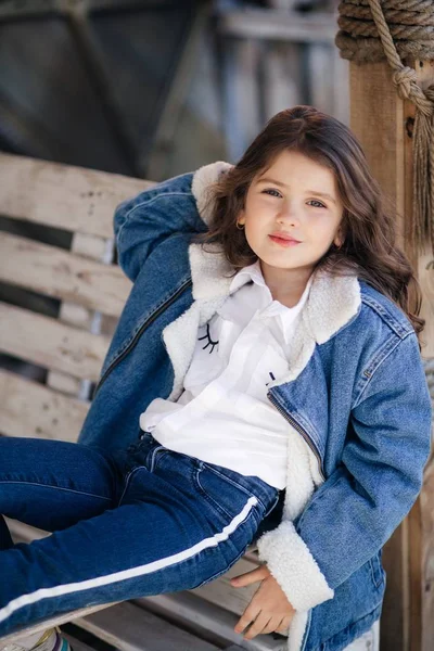 Cute Little Girl Jeans Jacket Happy Childhood Concept — Stock Photo, Image