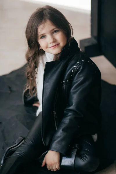 Cute Little Girl Leather Jacket Happy Childhood Concept — Stock Photo, Image