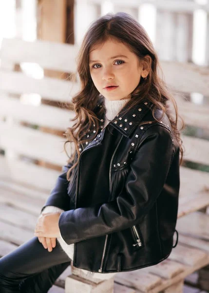 Cute Little Girl Leather Jacket Happy Childhood Concept — Stock Photo, Image