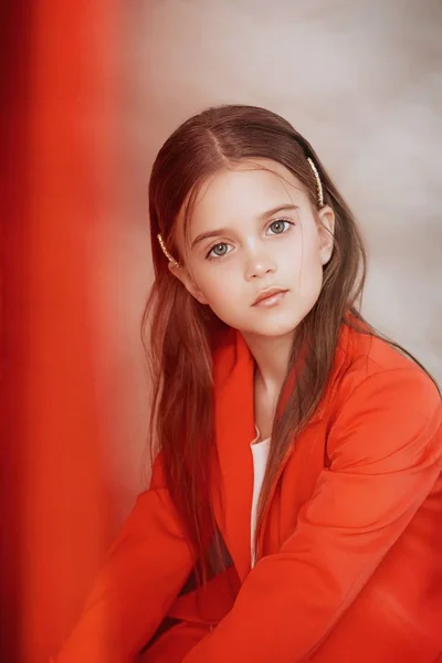 Portrait Beautiful Little Girl Red Costume — Stock Photo, Image