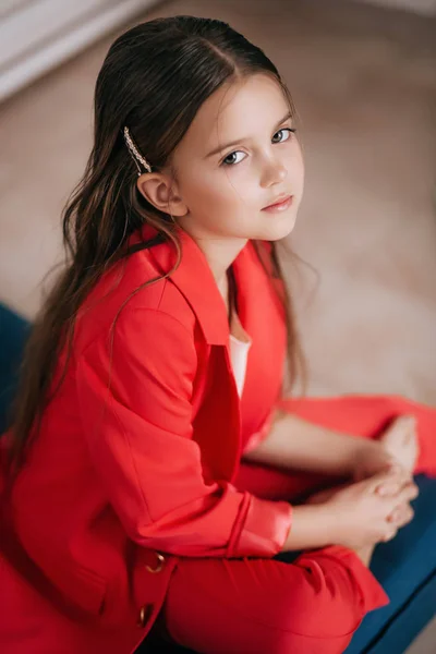 Portrait Beautiful Little Girl Red Costume — Stock Photo, Image