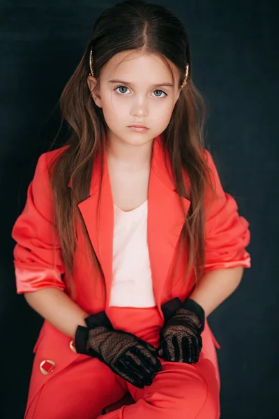 Portrait Beautiful Little Girl Red Costume — Stock Photo, Image