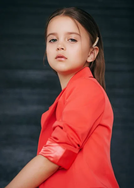 Portrait Beautiful Little Girl Red Costume — Stock Photo, Image