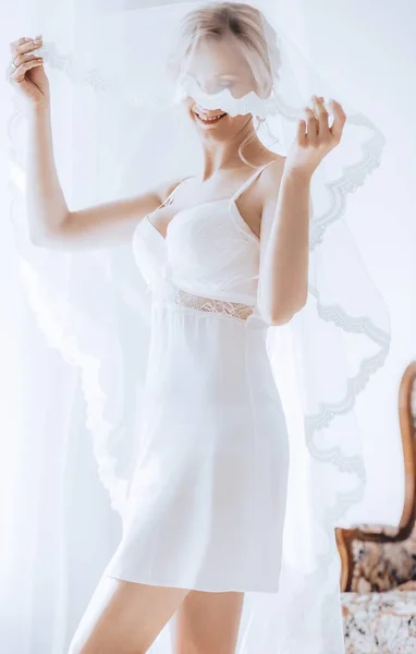 Beautiful Young Bride Nightgown Wedding Home — Stock Photo, Image