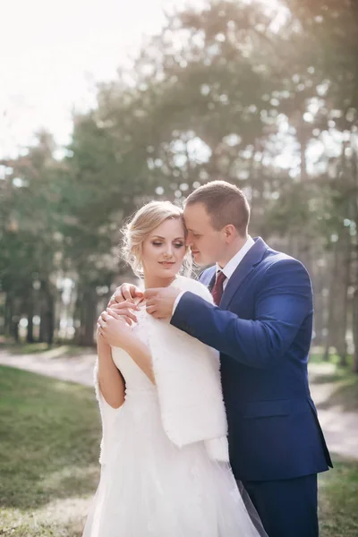 Schöne Junge Braut Und Bräutigam Posiert Park — Stockfoto