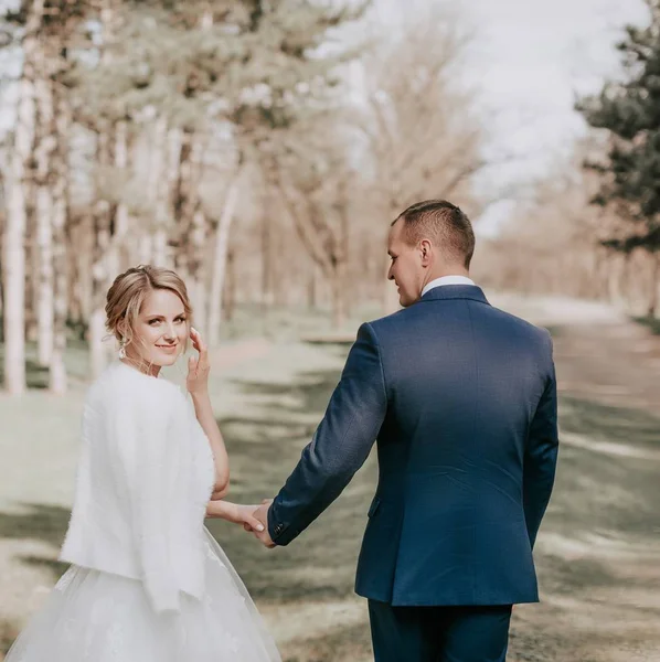 Belle Jeune Mariée Marié Posant Dans Parc — Photo