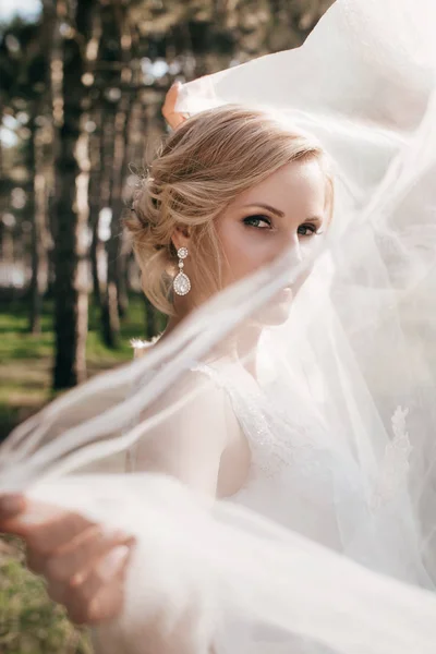 Bella Giovane Sposa Abito Sposa Bianco Posa Nel Parco — Foto Stock