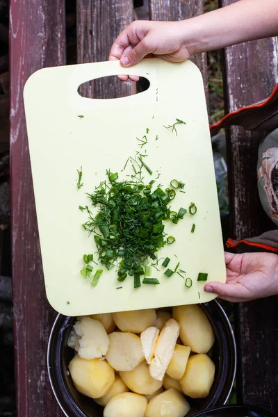 Gekookte jonge aardappelen met dille en groene uien op een snijBo — Stockfoto