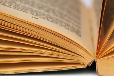 Beyaz arkaplan üzerine bir sürü sayfası olan eski açık kitap