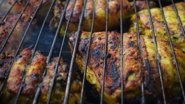 Carne de pollo en una parrilla de barbacoa — Vídeo de stock